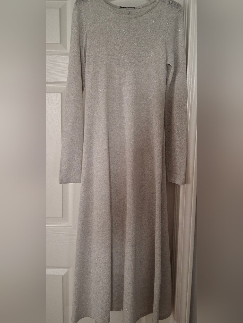 ZARA Shiny Metallic Thread Long Sleeve Maxi Dress Silver Gray Knit Small